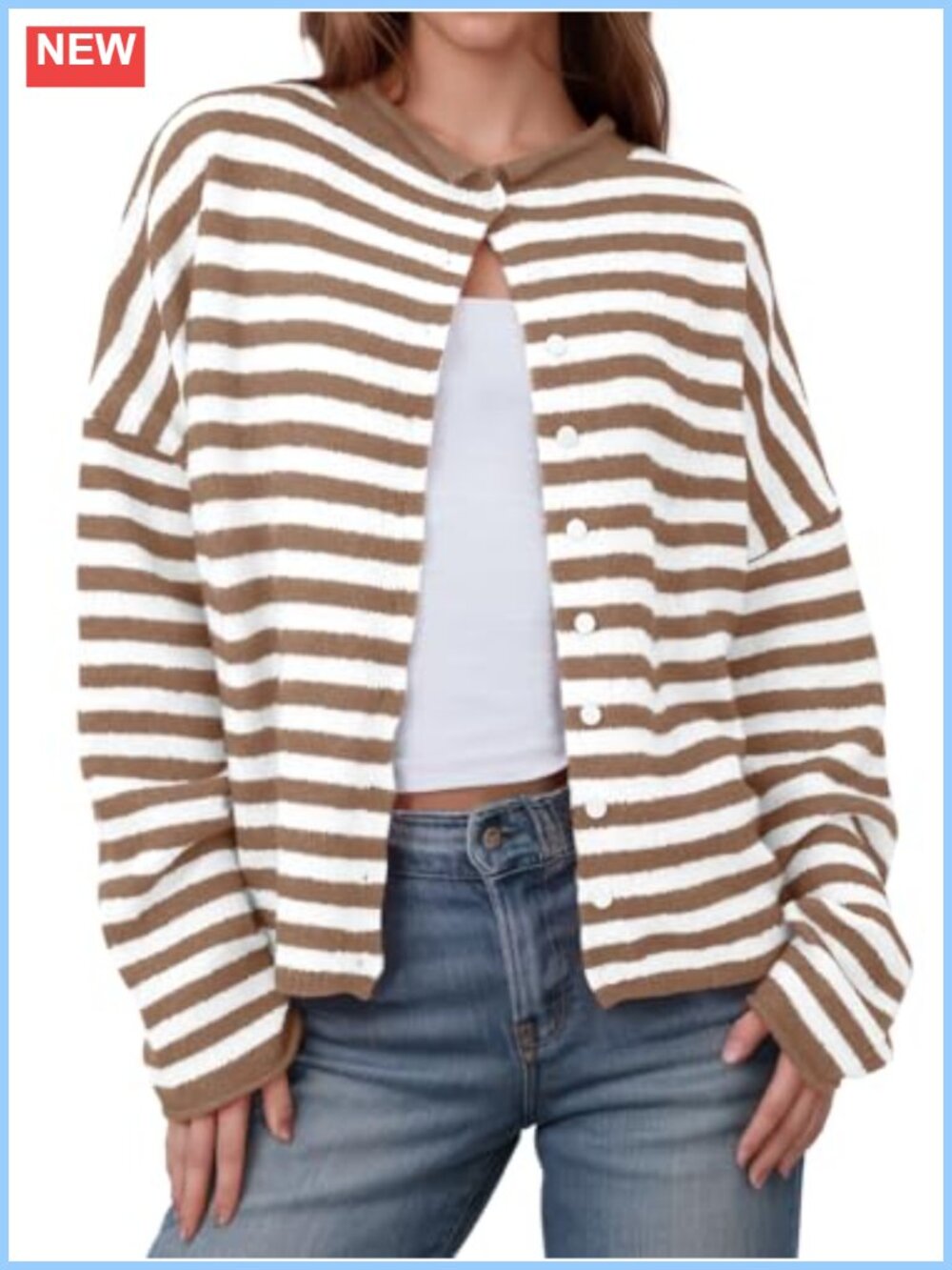 Striped Button Down Cardigan Long Sleeve Knit Lightweight Comfy Loose